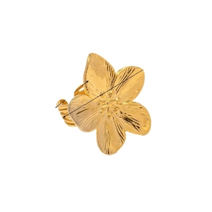 Gold stainless steel flower ring with size measurement details on white background