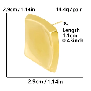Detail view of 18k gold square stud earrings showing 2.9cm dimensions and textured surface