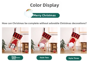 Detailed view of burlap Christmas stockings featuring gnome motifs and red plaid cuffs