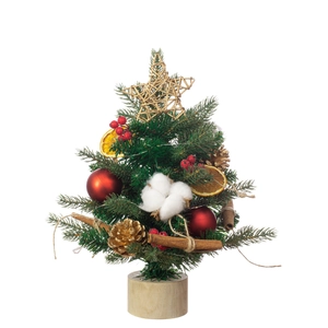 30cm Mini artificial Christmas tree with red balls and warm lights on a wooden base