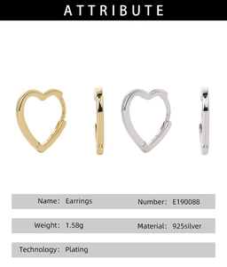 Detailed attribute guide for S925 sterling silver heart earrings in gold and silver plating