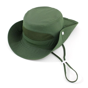 Detail of dark green outdoor sun hat with breathable mesh vents and adjustable wind cord