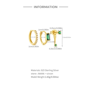 Detailed size specifications for gold S925 silver flower earrings with green zircon