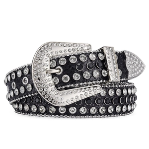 Punk Y2K style black faux leather belt featuring silver studs and rhinestone buckle