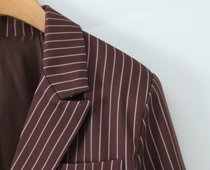Close-up of lapel and shoulder details on a brown striped blazer for women