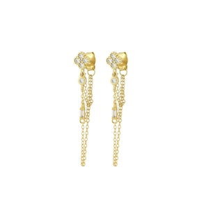 Luxurious gold drop earrings with zircon clover stud and elegant long tassel chains