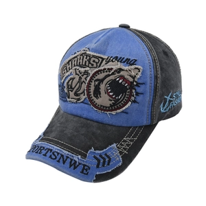Retro washed baseball cap featuring shark patch and street style embroidery in navy and grey