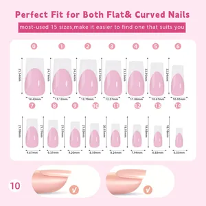 Detailed size chart for matte French press-on nails featuring 15 sizes from 18mm to 25mm