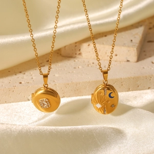 Stainless Steel Gold Celestial Locket Necklace Magnetic Round Oval Heart Photo Pendant Retro Jewelry For Women