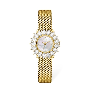 Orologio al Quarzo Donna Lusso Vintage Lunetta Strass Girasole Quadrante in Madreperla Cinturino in Maglia di Metallo Pelle