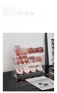 Three-tier transparent acrylic organizer for makeup palettes and lipsticks on a desk