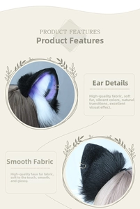 Detail of plush cat ears with purple gradient fur and metallic ring accents