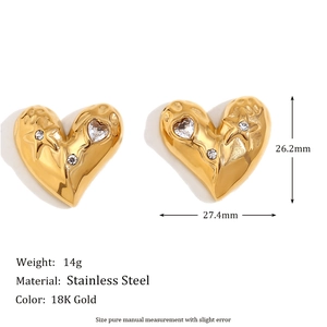 18K gold plated stainless steel heart stud earrings with starfish relief and zircons