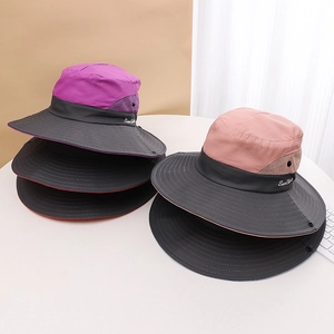 Detail of wide brim outdoor sun hat with breathable mesh side panels and quick-dry fabric