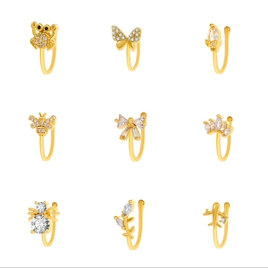 Golden U-shaped non-piercing nose rings with cubic zirconia animals and butterfly designs
