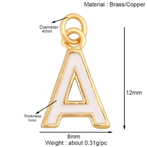 Gold plated letter A pendant in white enamel with detailed measurement dimensions