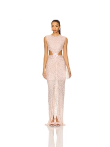 Robe de soirée rose à paillettes avec découpe taille et détail floral en 3D