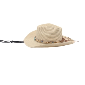 Detail of straw cowboy hat featuring blue beaded trim and adjustable chin strap