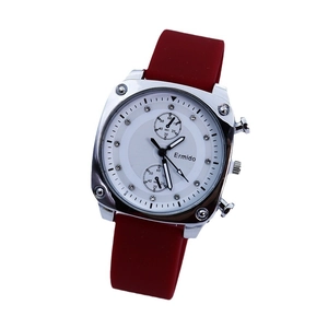 Fashion square quartz watch with silver steel case and soft red silicone strap for students