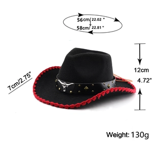 Detailed size chart for Western felt cowboy hat featuring bull skull leather band