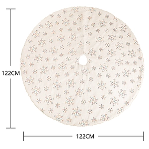 122cm white plush Christmas tree skirt with colorful embroidered snowflake patterns