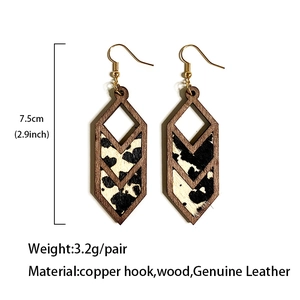 Geometric leopard print cowhide leather earrings with wood frame and copper hooks