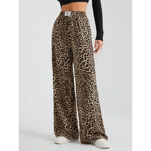High-waisted leopard print wide-leg trousers with loose straight fit and fluid texture