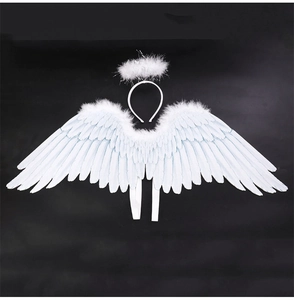 Detailed view of white feather angel wings and fuzzy halo set for costume parties