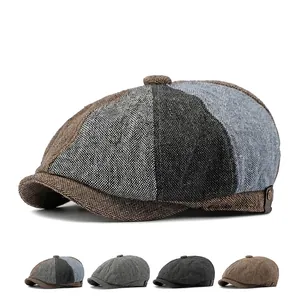 Newsboy Cap Vintage British Style Octagonal Hat Tweed Patchwork Flat Ivy Cabbie Cap Unisex Retro Adjustable Headwear