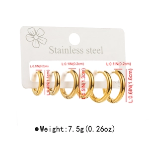 Three pairs of golden stainless steel hoop earrings in 1.1cm, 1.3cm, and 1.6cm sizes