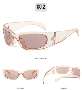 Three perspectives of Y2K sports sunglasses in champagne orange with dark lenses