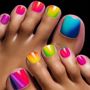Macro shot of vibrant neon gradient press-on toenails with a high-gloss polished finish
