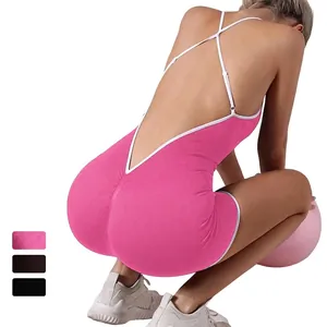 Women Ribbed Yoga Romper Backless Cross Strap Top And Bottom Athletic Slim Fit Nylon Spandex Workout Jumpsuit Sportswear Gym