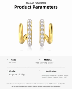 Detail specifications of C-shaped 925 silver earrings with shell pearls and 18K gold plating