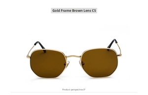 Detalle de la montura metálica dorada con lentes marrones poligonales de gafas retro