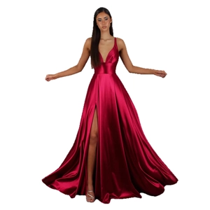 Elegant deep V-neck burgundy satin long dress with high side slit and thin straps