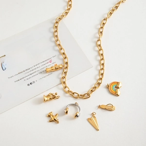18K gold plated stainless steel chunky chain necklace with seven whimsical themed charms