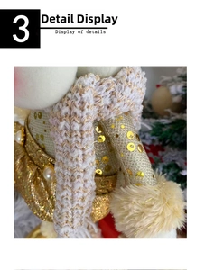 Macro shot of glitter fabric, pearl button, and knit scarf textures on Santa doll decoration