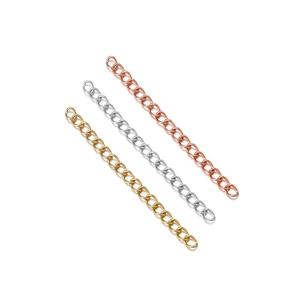 Detailed view of 5cm stainless steel extender chains in gold silver and rose gold colors