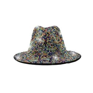 Sparkly multicolored rhinestone cowboy hat with black trim for party and stage performance
