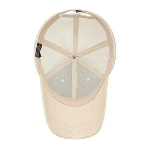 Beige mesh baseball cap with cotton front panel and adjustable metal buckle closure