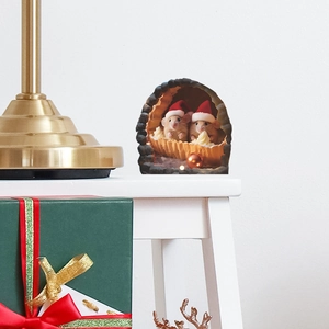Detailed 3D Christmas wall sticker showing two mice with hats in a cozy cake scene