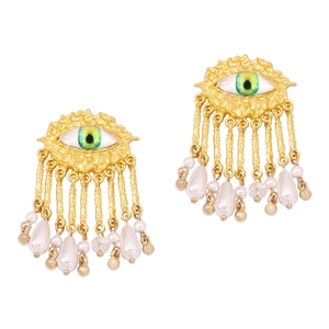 Vintage gold evil eye earrings with green pupil, pearl tassel and textured metal finish