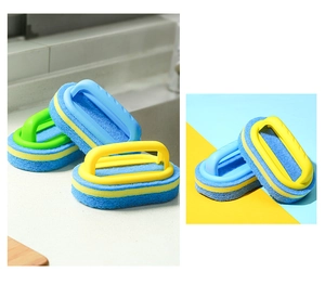 Detail view of colorful household cleaning sponges with ergonomic plastic handles