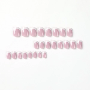Classic French tip press-on nails in soft pink and white square-oval shape, 24 pieces set