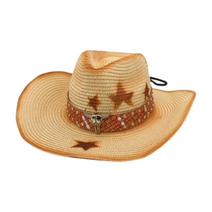 Chapeau de soleil en paille style western avec motifs étoiles et crâne de taureau