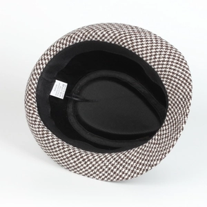 Detail view of houndstoolth fedora interior showing 58cm size label and fabric lining