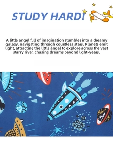 Detailed view of dark blue fabric featuring cartoon rockets, spaceships and planets