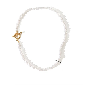 Detail view of 18K gold OT buckle pearl necklace with length and size specifications