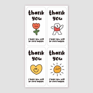Set of 100 cute oval thank you stickers with colorful puppy and tulip floral illustrations